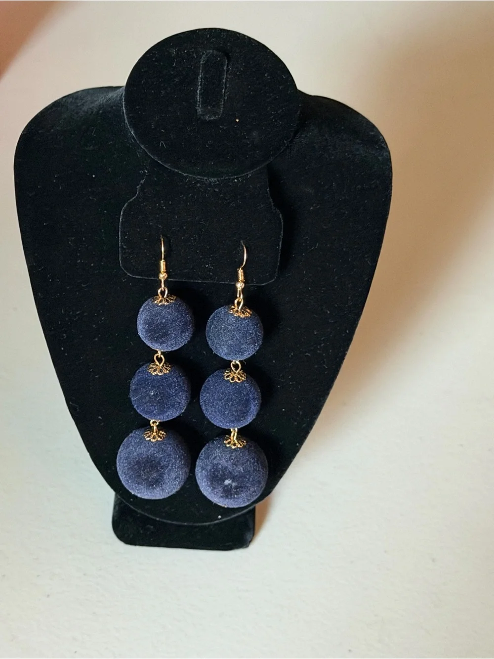 Velvet Navy Blue Ball Drop Dangle Earrings - Navy Blue